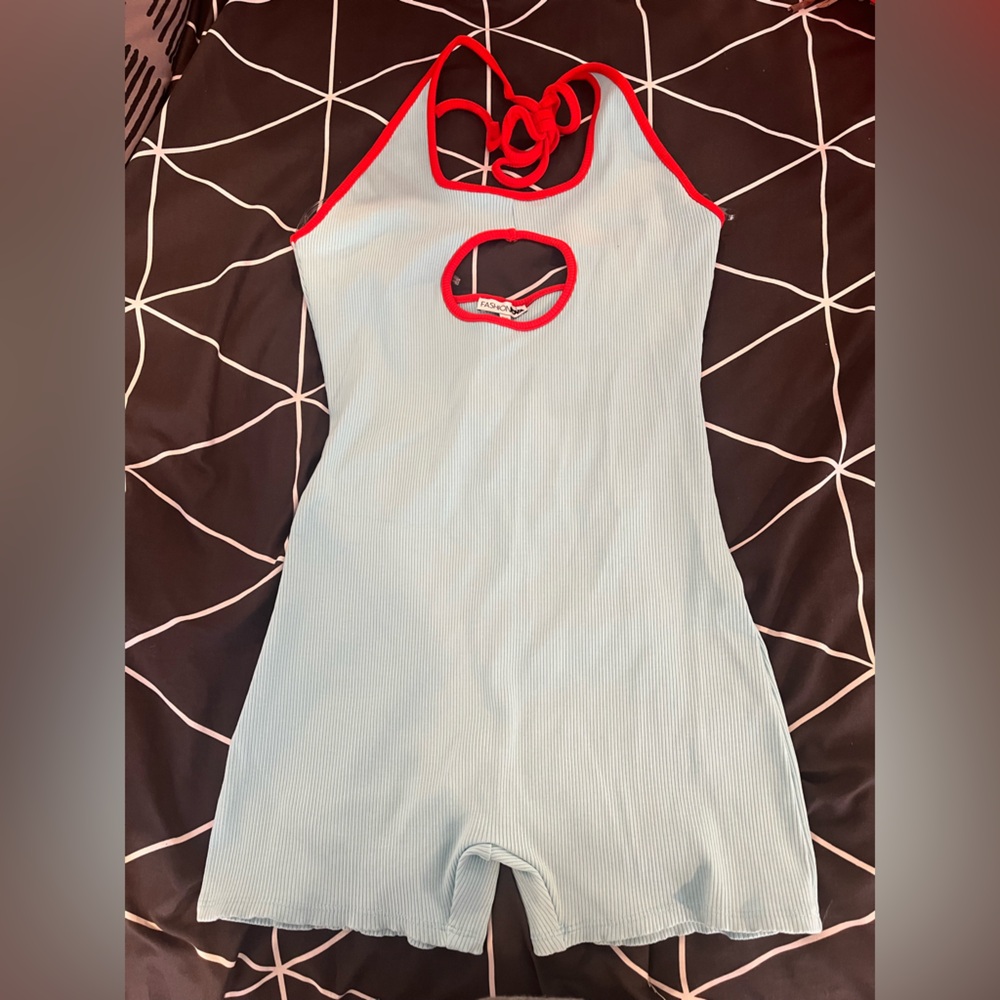 Fashion Nova Sky Blue Bodysuit with Red Accents